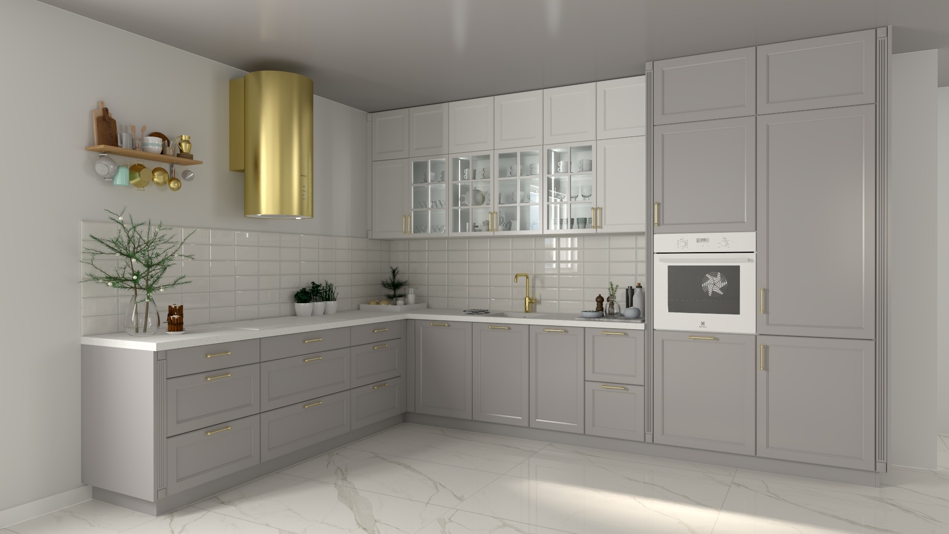 Wizualizacja kuchni w odcieniach szarości i bieli z elementami złota, z frontami zdobionymi frezami, złotym okapem cylindrycznym i marmurową podłogą.