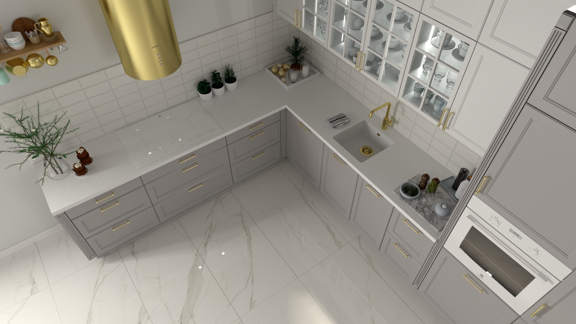 Widok z góry na elegancką kuchnię w odcieniach szarości i bieli z złotymi akcentami, marmurową podłogą i złotym okapem, gdzie na blacie znajdują się dekoracje, takie jak małe drzewko świąteczne...