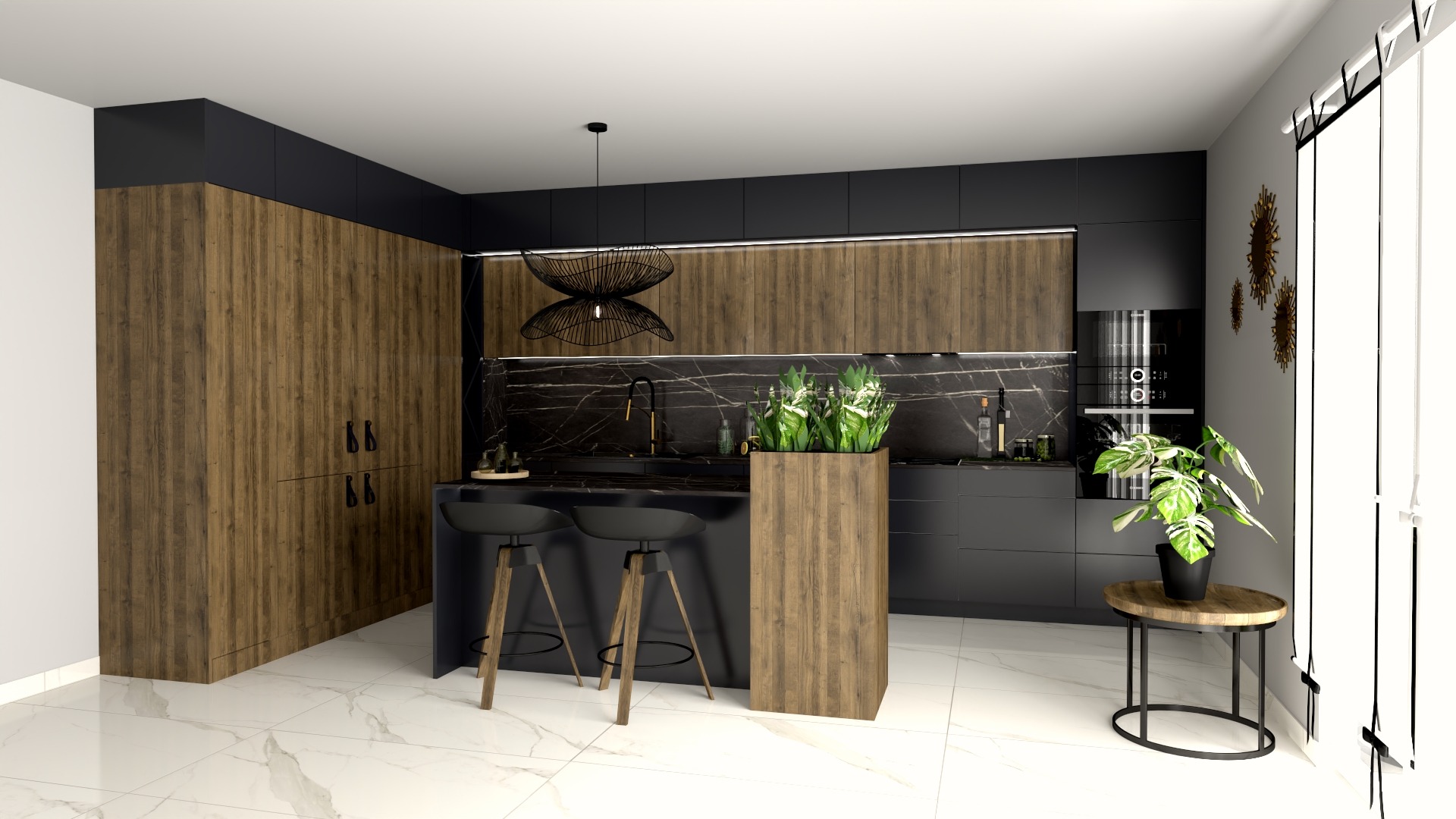Wizualizacja nowoczesnej kuchni z drewnianymi frontami szafek, czarnym blatem z marmurowym wzorem, wiszącą lampą o ażurowym kształcie i wysokim kwietnikiem z roślinami.