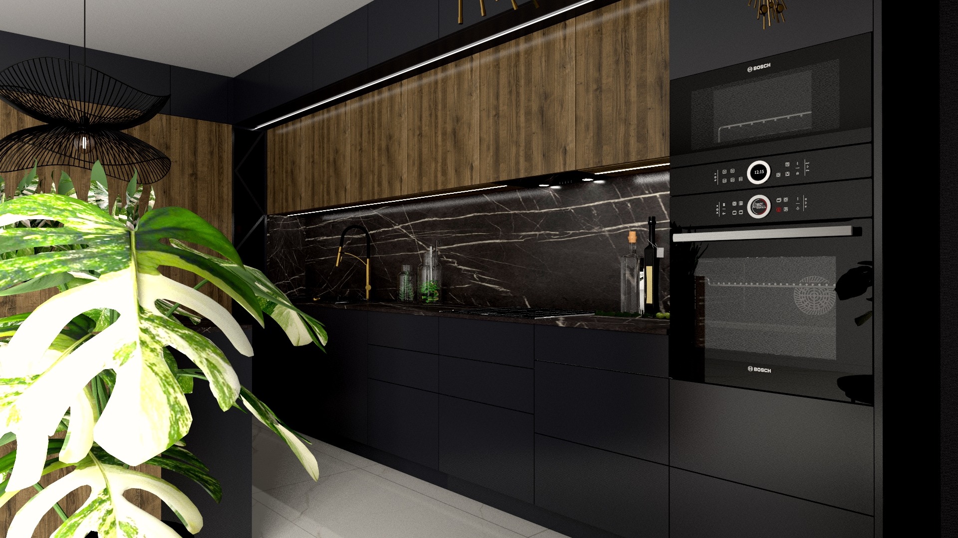 Nowoczesna kuchnia z czarnymi frontami, marmurowym blatem i drewnianą ścianą, oświetlona listwą LED, z wbudowanym sprzętem AGD marki Bosch i dekoracyjną rośliną Monstera.