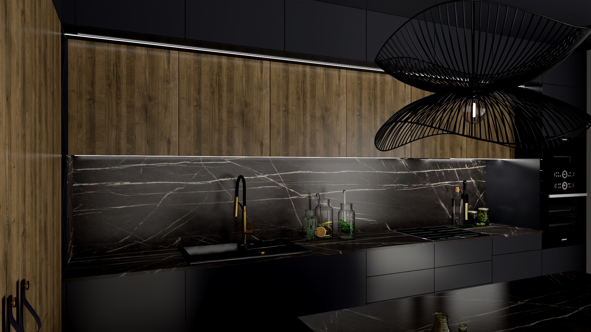 Nowoczesna kuchnia z czarnymi matowymi szafkami, drewnianymi panelami ściennymi i blatem z czarnego marmuru z wyraźnym żyłowaniem, oświetlona dekoracyjną lampą wiszącą o ażurowej konstrukcji.