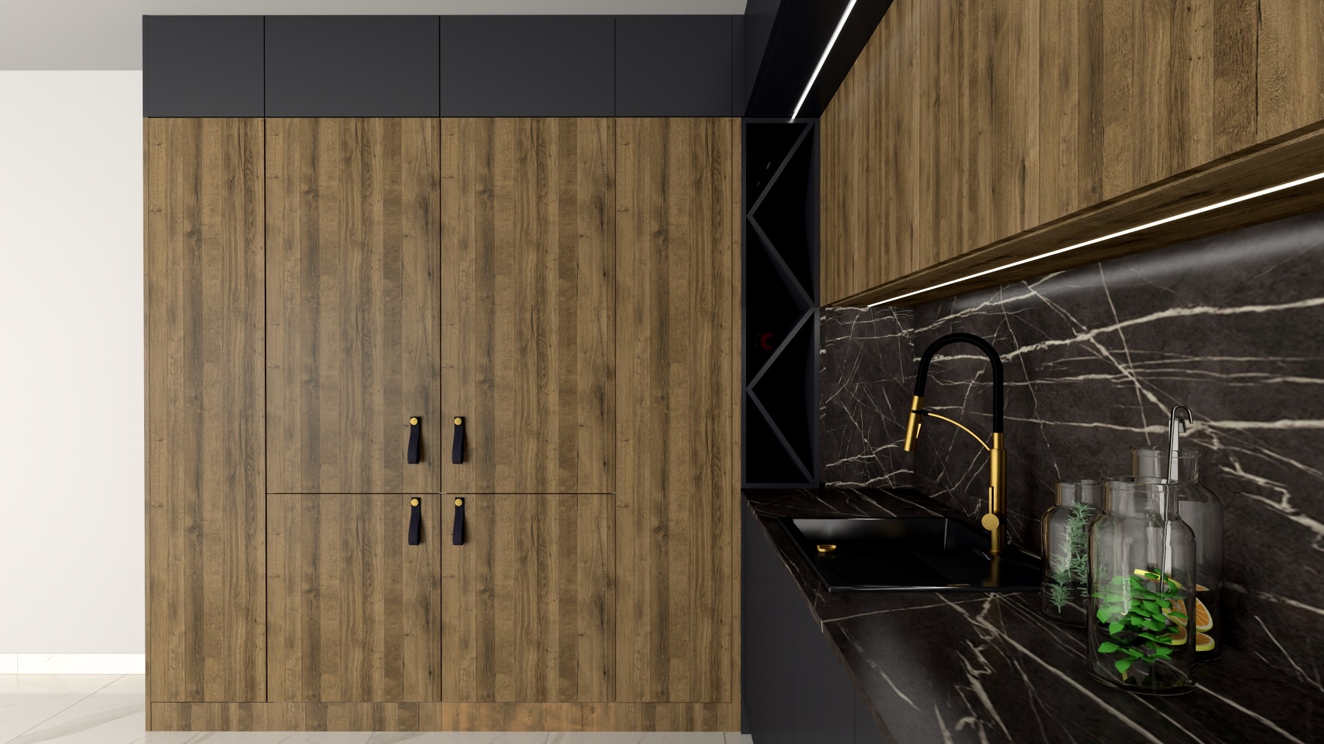 Nowoczesna kuchnia z drewnianymi frontami szafek, czarnym blatem imitującym marmur, złotą baterią i dekoracyjnymi szklanymi pojemnikami z ziołami.