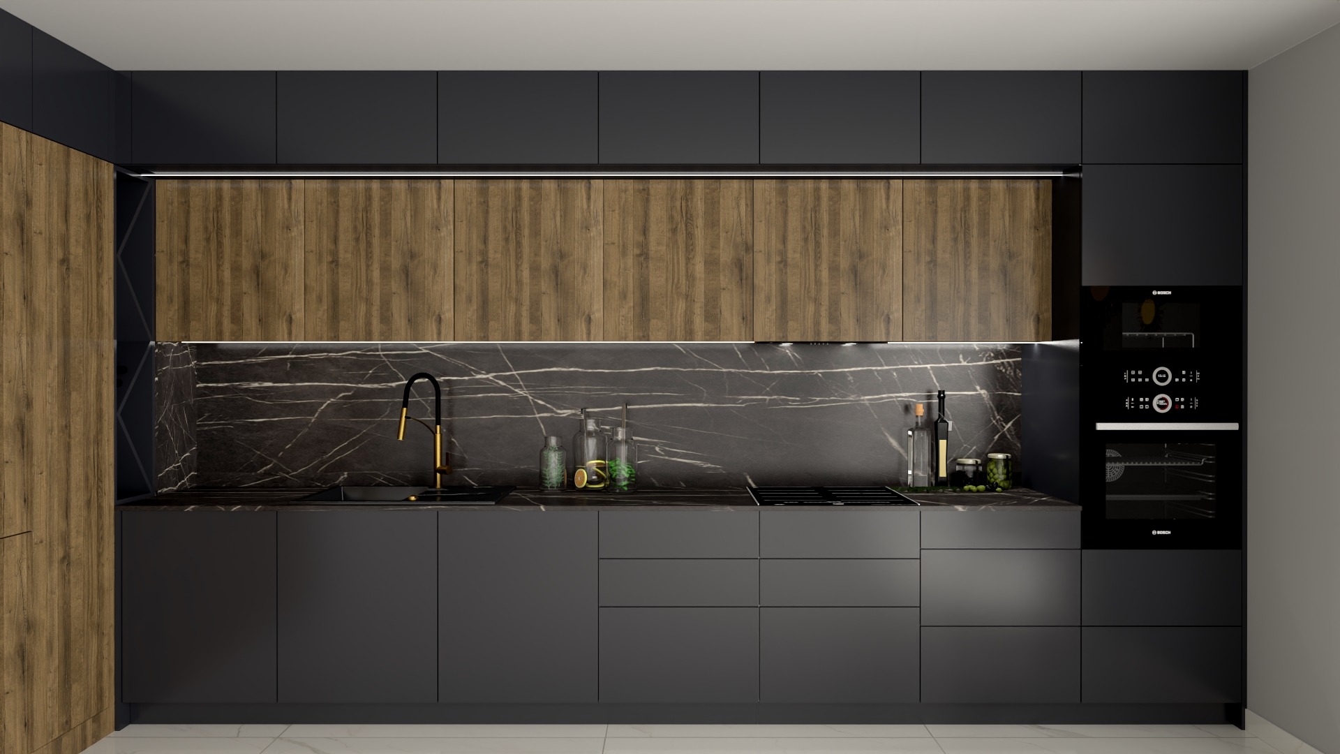 Nowoczesna kuchnia z czarnymi matowymi frontami, drewnianymi szafkami górnymi i blatem z czarnego marmuru z jasnymi żyłami, złota bateria, oświetlenie LED podszafkowe, zabudowany piekarnik Bosch.