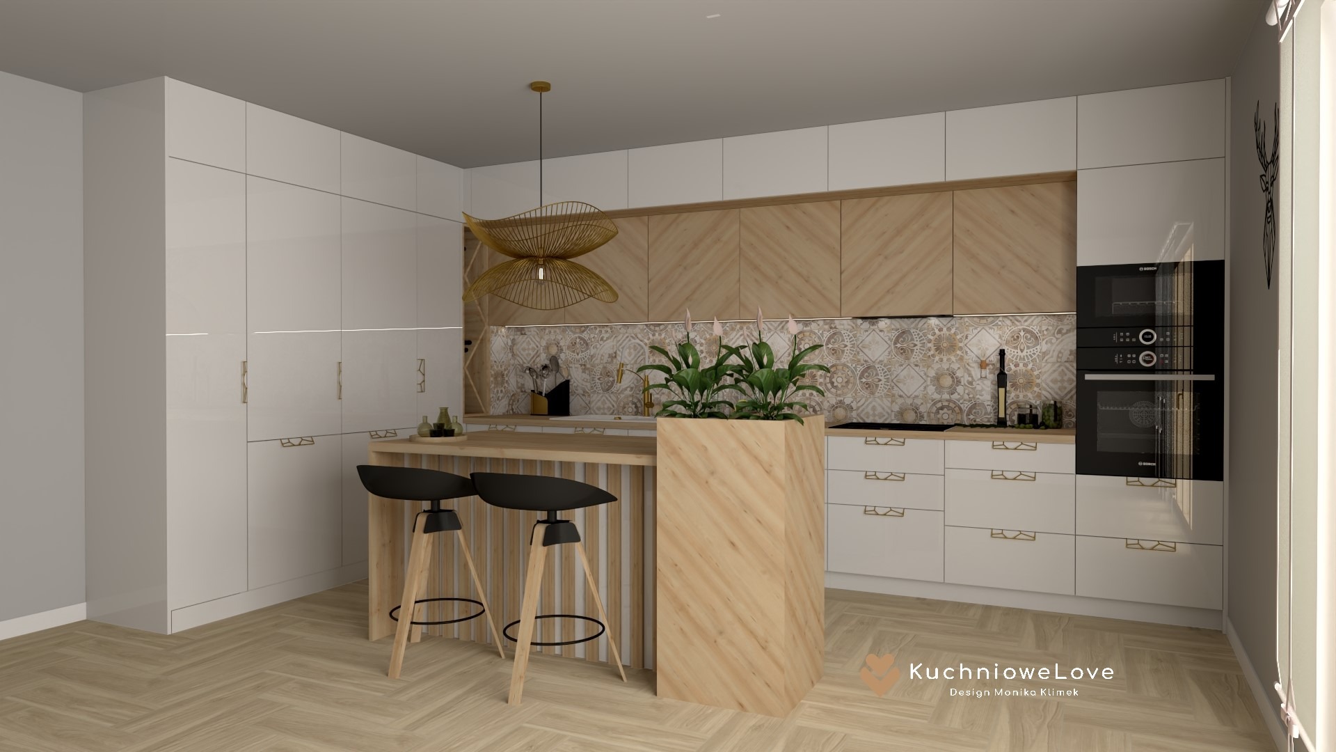 Wizualizacja nowoczesnej kuchni z białymi szafkami, drewnianymi akcentami, wyspą z hokerami i dekoracyjną lampą wiszącą.