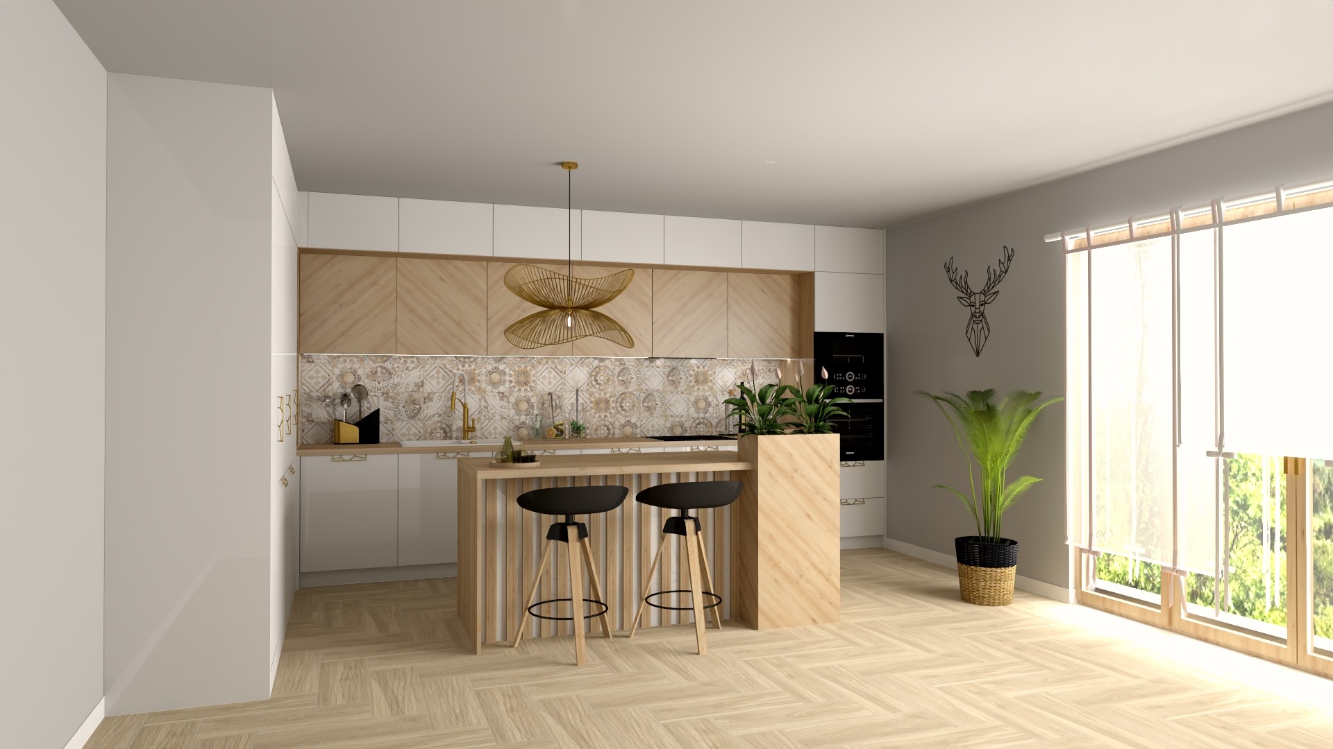 Nowoczesna kuchnia z wyspą i hokerami, drewniane akcenty, wzorzyste płytki nad blatem, designerska lampa i dekoracja ścienna z motywem jelenia.