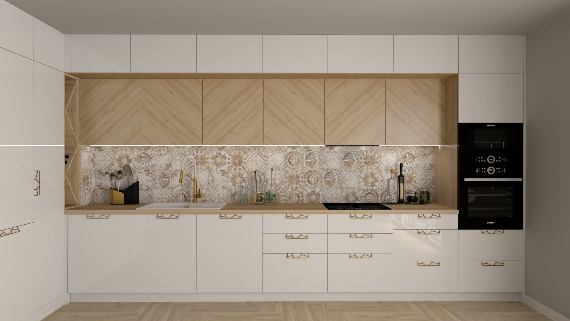 Białe, lakierowane szafki kuchenne z drewnianymi akcentami, wzorzysta mozaika nad blatem, złota armatura i geometryczne uchwyty, wbudowany piekarnik Bosch.