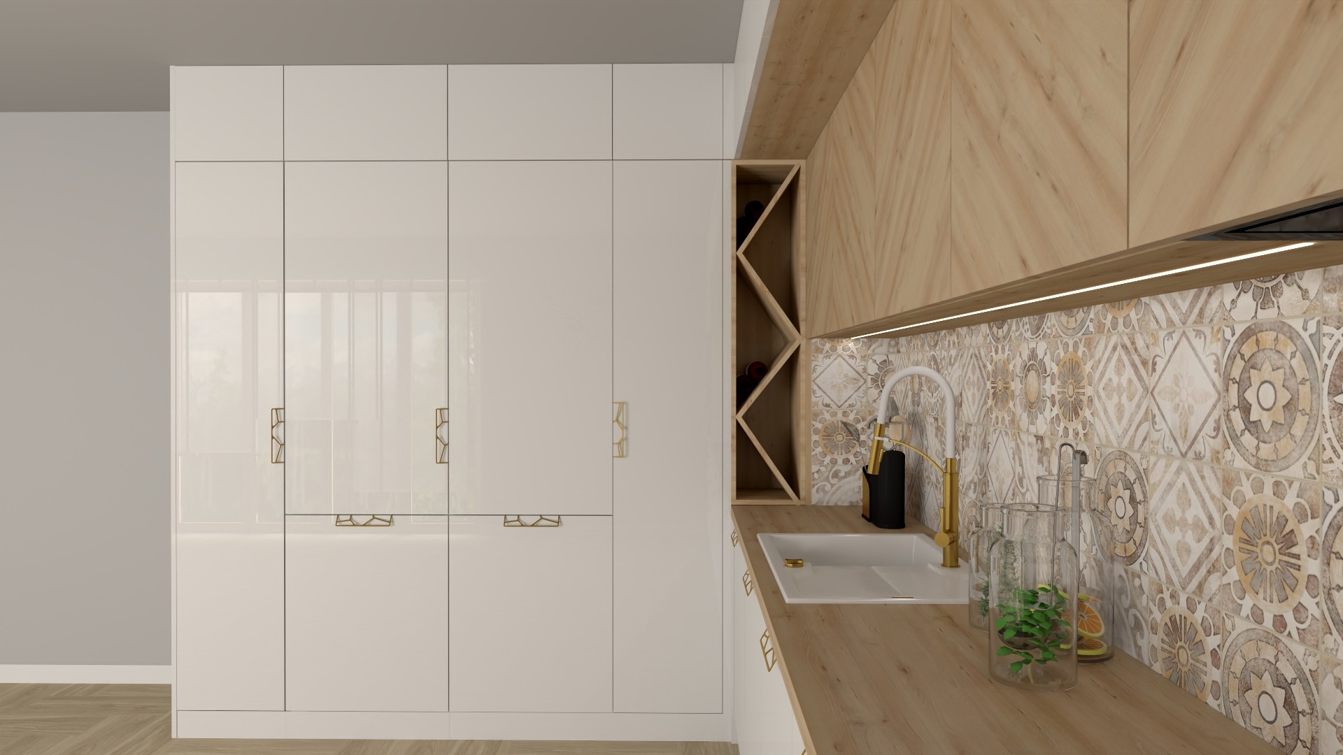 Nowoczesna kuchnia: białe, lakierowane szafki z geometrycznymi uchwytami, drewniany blat, dekoracyjne płytki nad blatem, wbudowany regał na wino.