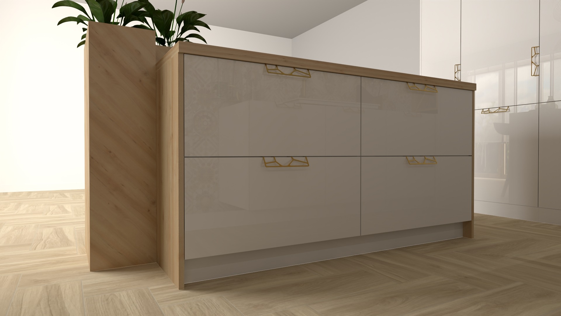 Beżowa zabudowa kuchenna z czterema szufladami i złotymi uchwytami o geometrycznym kształcie, po lewej stronie drewniana kolumna z roślinami doniczkowymi, podłoga wyłożona parkietem.