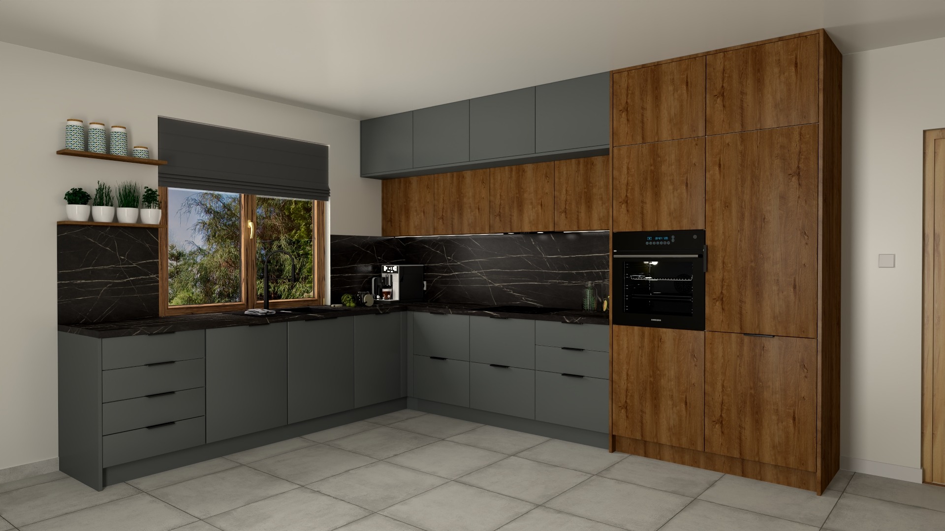 Nowoczesna kuchnia narożna z szarymi szafkami dolnymi i górnymi, blatem z czarnego marmuru z żyłami, oraz wysoką zabudową z drewnopodobnymi frontami, w której umieszczono piekarnik.