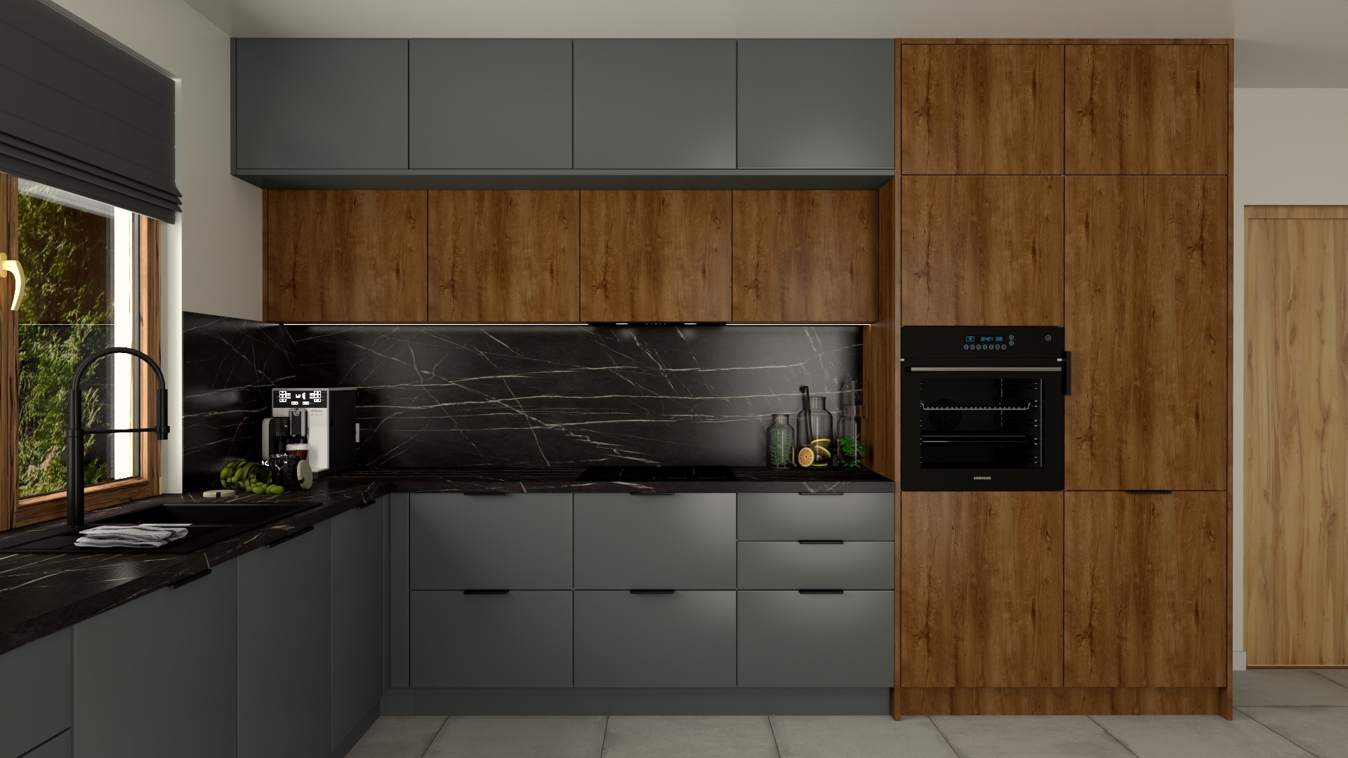 Nowoczesna kuchnia z szarymi szafkami dolnymi i górnymi, drewnianymi szafkami wysokimi z piekarnikiem, czarnym blatem z marmurowym wzorem i czarną armaturą.