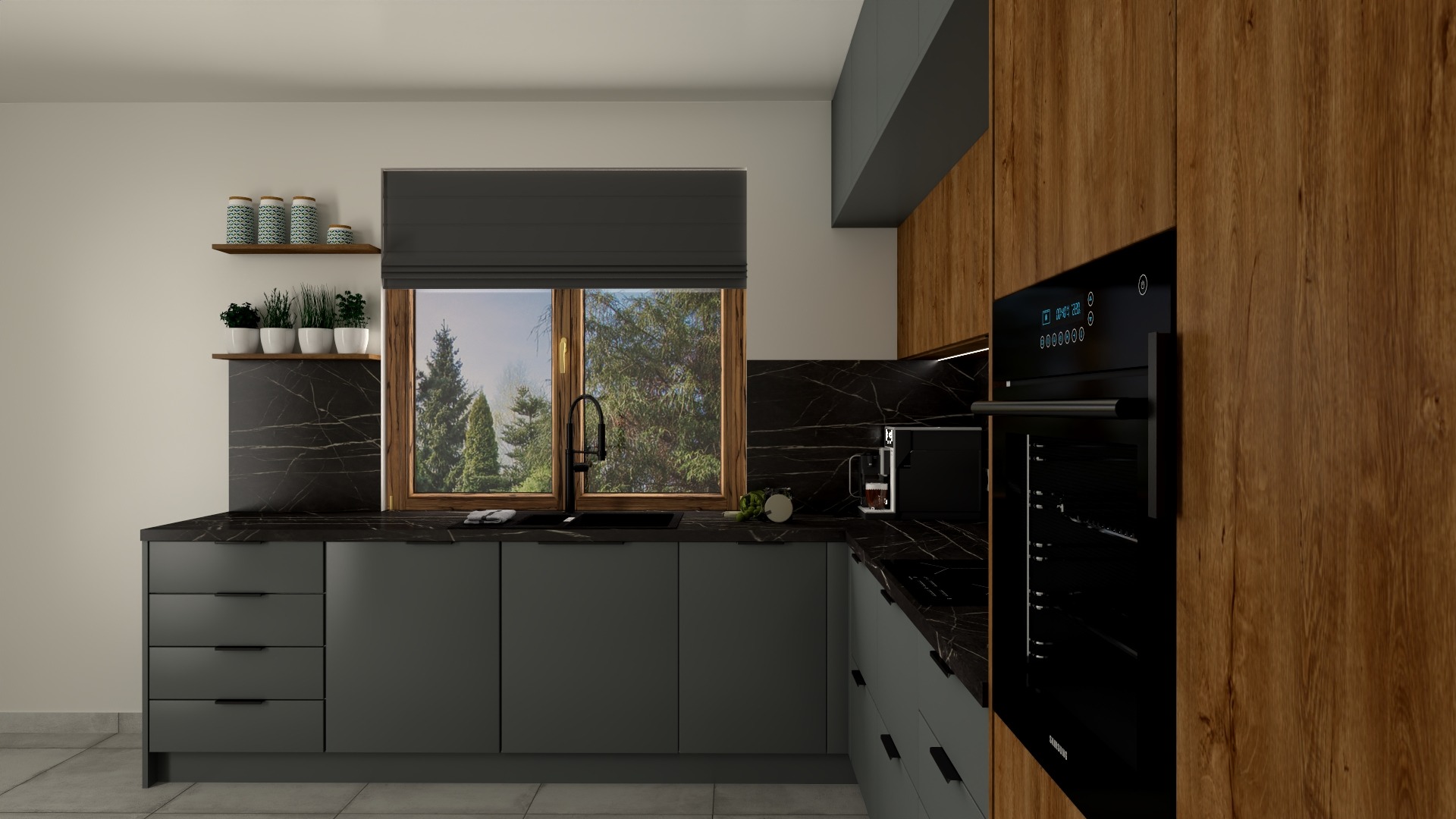 Nowoczesna kuchnia z szarymi frontami, blatem z czarnego marmuru i drewnianymi szafkami, z oknem z widokiem na drzewa i czarną armaturą.