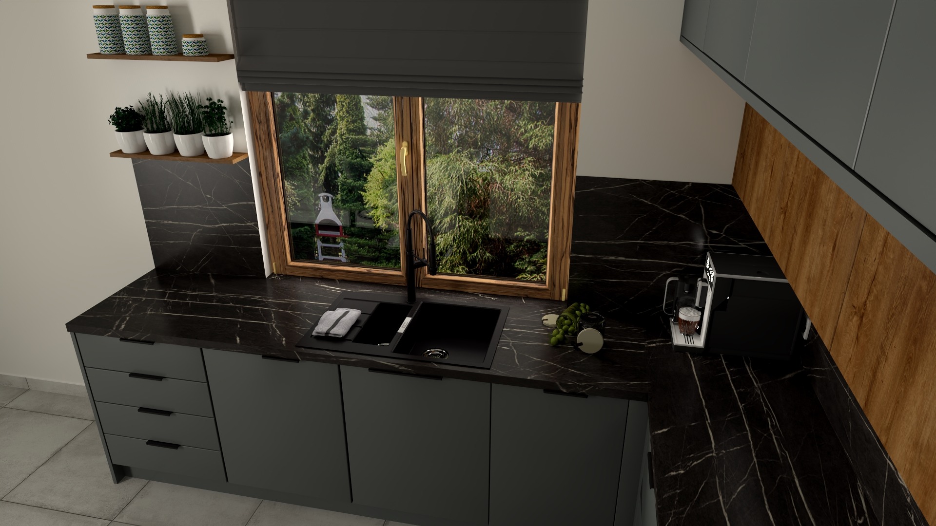 Nowoczesna szara kuchnia z czarnym marmurowym blatem, widok na ogród przez okno, minimalistyczny styl