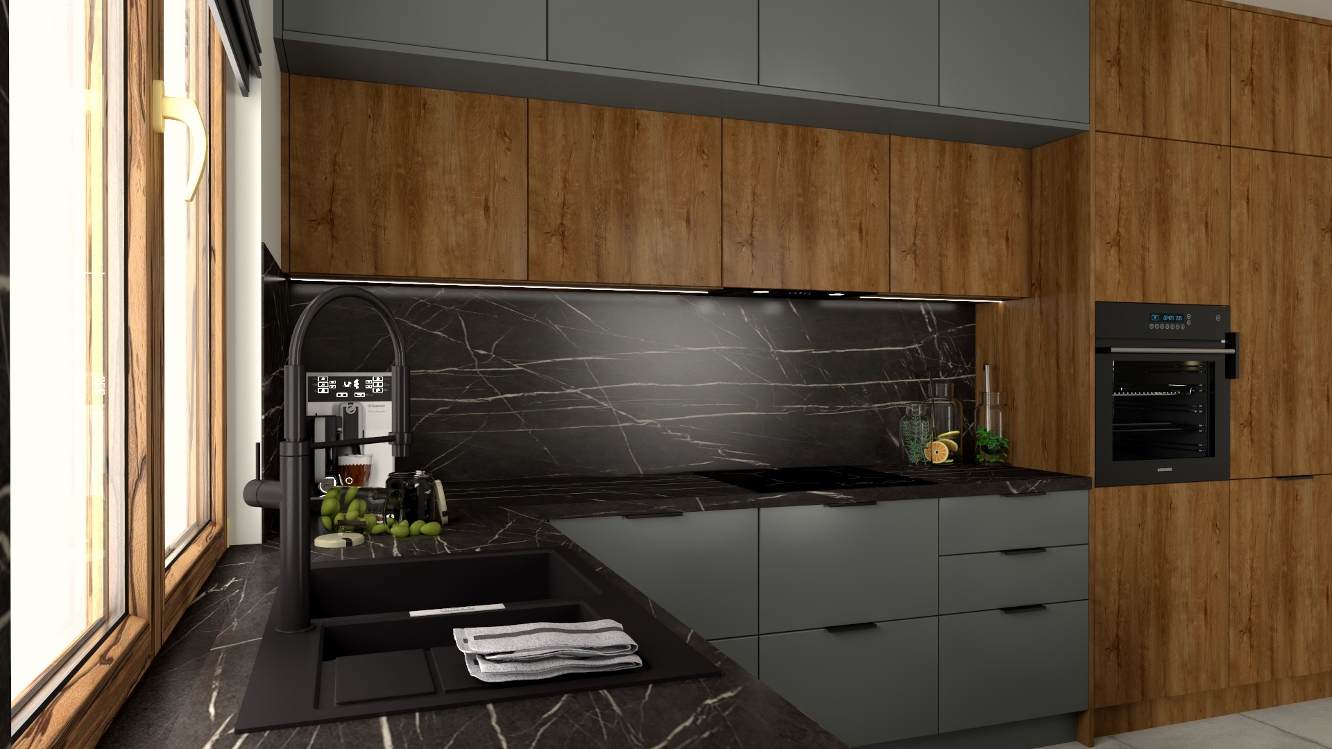 Nowoczesna kuchnia z drewnianymi frontami szafek wiszących i szarymi szafkami dolnymi, blatem z czarnego marmuru z białym żyłowaniem, czarną armaturą i wbudowanym piekarnikiem.