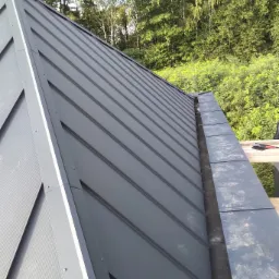 Szary dach kryty blachą na rąbek stojący, widoczne detale łączeń i obróbek blacharskich, w tle zieleń drzew.