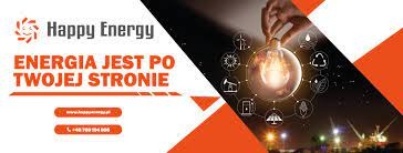 Grafika reklamowa firmy Happy Energy z hasłem 'Energia jest po Twojej stronie', prezentująca dłoń trzymającą żarówkę otoczoną ikonami symbolizującymi różne źródła energii odnawialnej i adres strony...