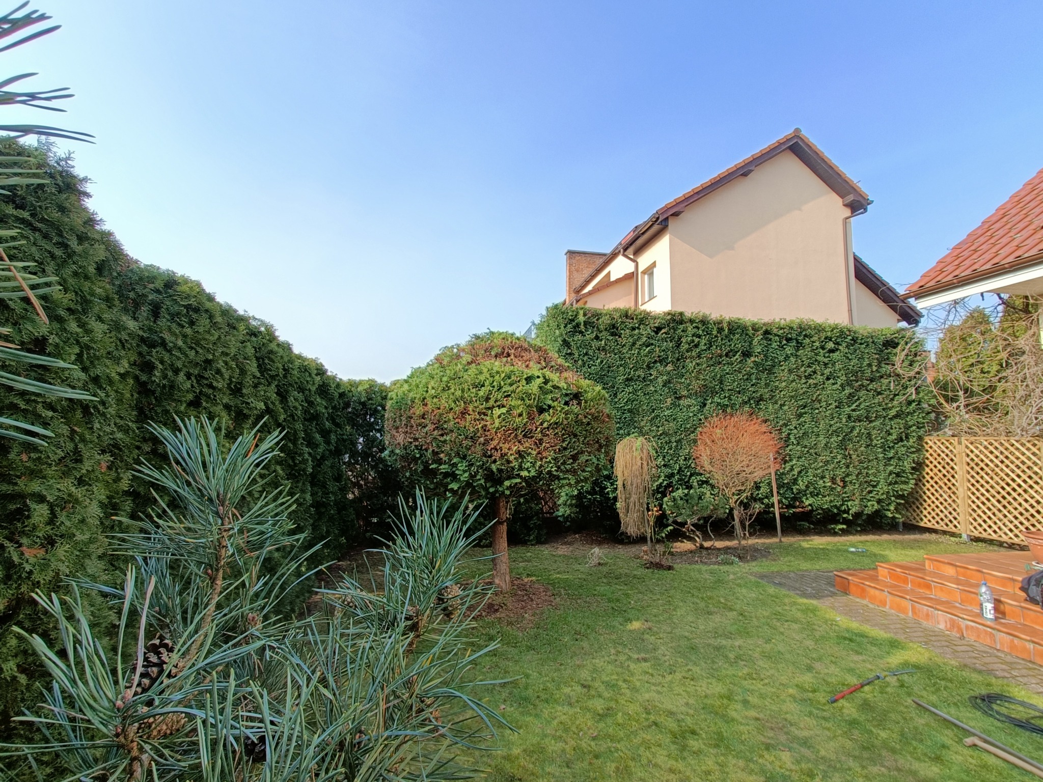 Widok na zadbany ogród z równo przyciętym żywopłotem, ozdobnymi drzewkami i fragmentem domu w tle, widoczne narzędzia ogrodnicze na trawie.