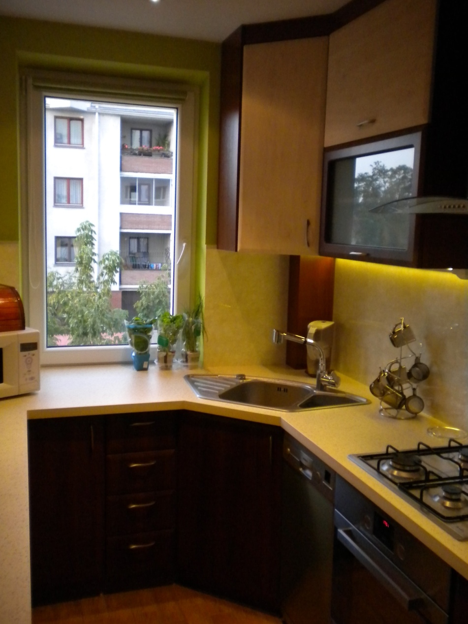 Kąt ujęcia na brązową zabudowę kuchenną z blatem w odcieniach beżu, z widokiem na zewnątrz przez okno, gdzie widać budynek mieszkalny z balkonami.