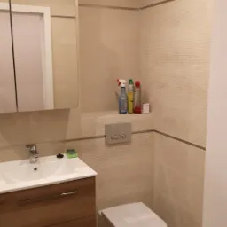 Nowoczesna łazienka w beżowych odcieniach z drewnianą szafką pod umywalką, wiszącą toaletą i półką z detergentami.