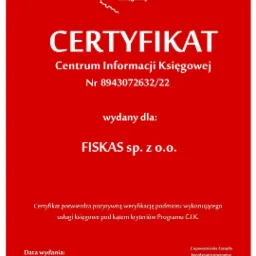 Certyfikat Centrum Informacji Księgowej dla firmy FISKAS sp. z o.o. z Wrocławia, potwierdzający pozytywną weryfikację w zakresie usług księgowych pod kątem kryteriów Programu C.I.K., wydany 30.12.
