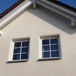 Jasna elewacja domu jednorodzinnego z dwoma oknami zabezpieczonymi folią, widoczne detale wykończeniowe pod dachem i struktura tynku.