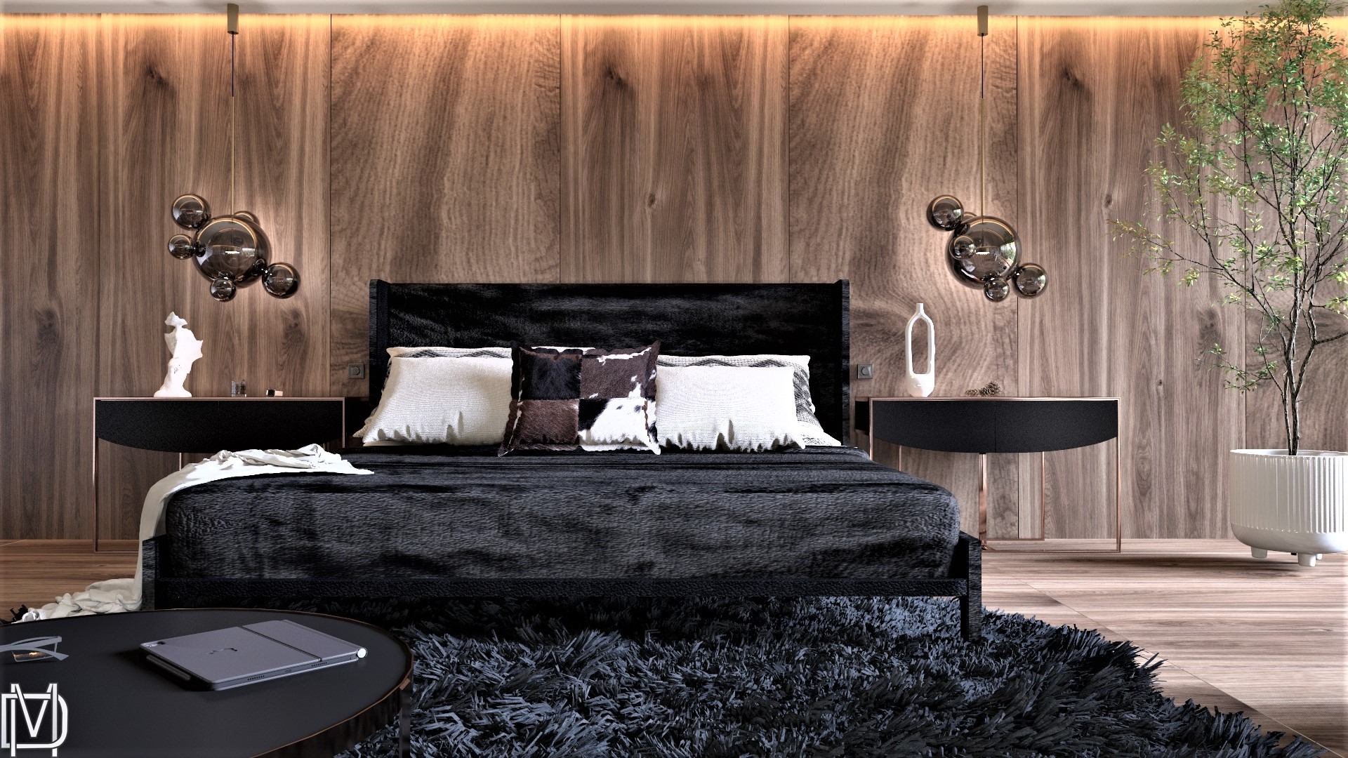 Nowoczesna sypialnia z drewnianymi panelami ściennymi, czarnym łóżkiem z futrzaną narzutą, stolikami nocnymi na złotych nóżkach i dekoracyjnymi lampami kulistymi.
