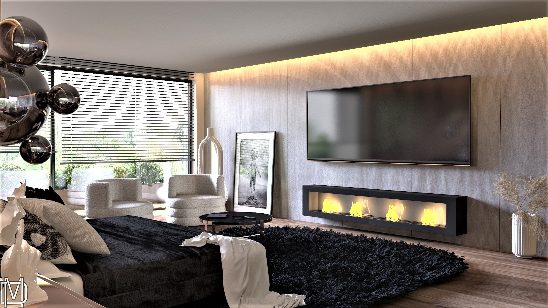 Nowoczesny salon z czarnym łóżkiem, puszystym dywanem, telewizorem i biokominkiem w zabudowie, oświetlony listwą LED na ścianie.