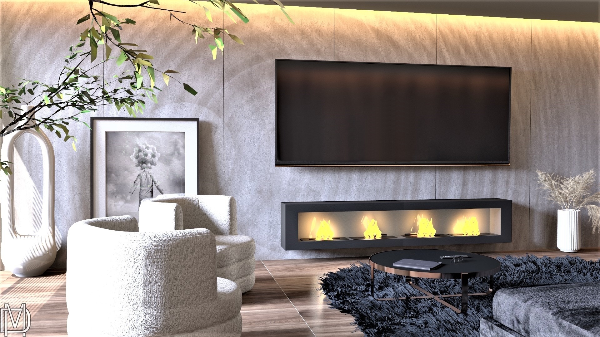 Nowoczesny salon z betonową ścianą, wiszącym telewizorem, bio-kominkiem, dwoma fotelami typu boucle, okrągłym stolikiem kawowym i dekoracjami roślinnymi.