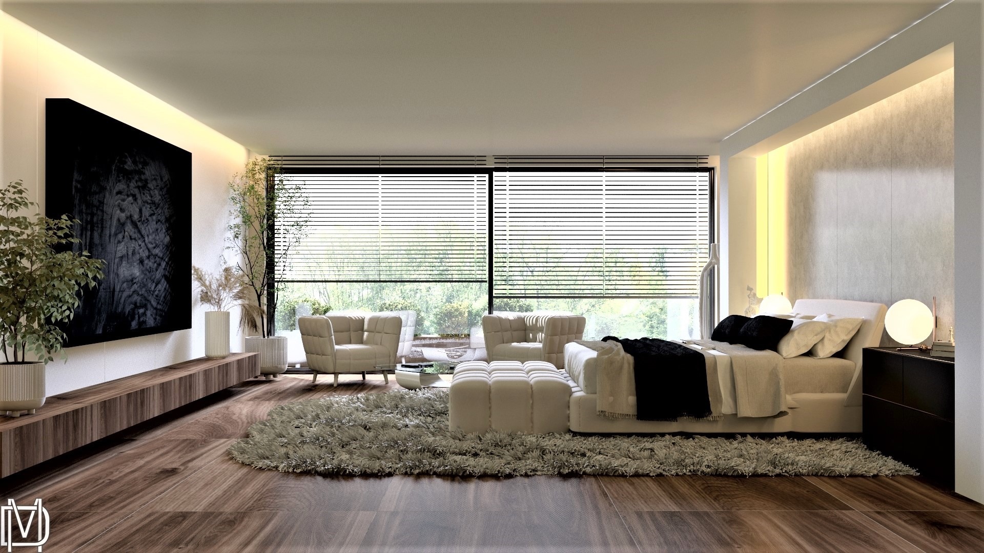 Nowoczesna sypialnia z dużym oknem, drewnianą podłogą, puszystym dywanem, białymi fotelami i łóżkiem z czarnymi poduszkami, oświetlona listwami LED.