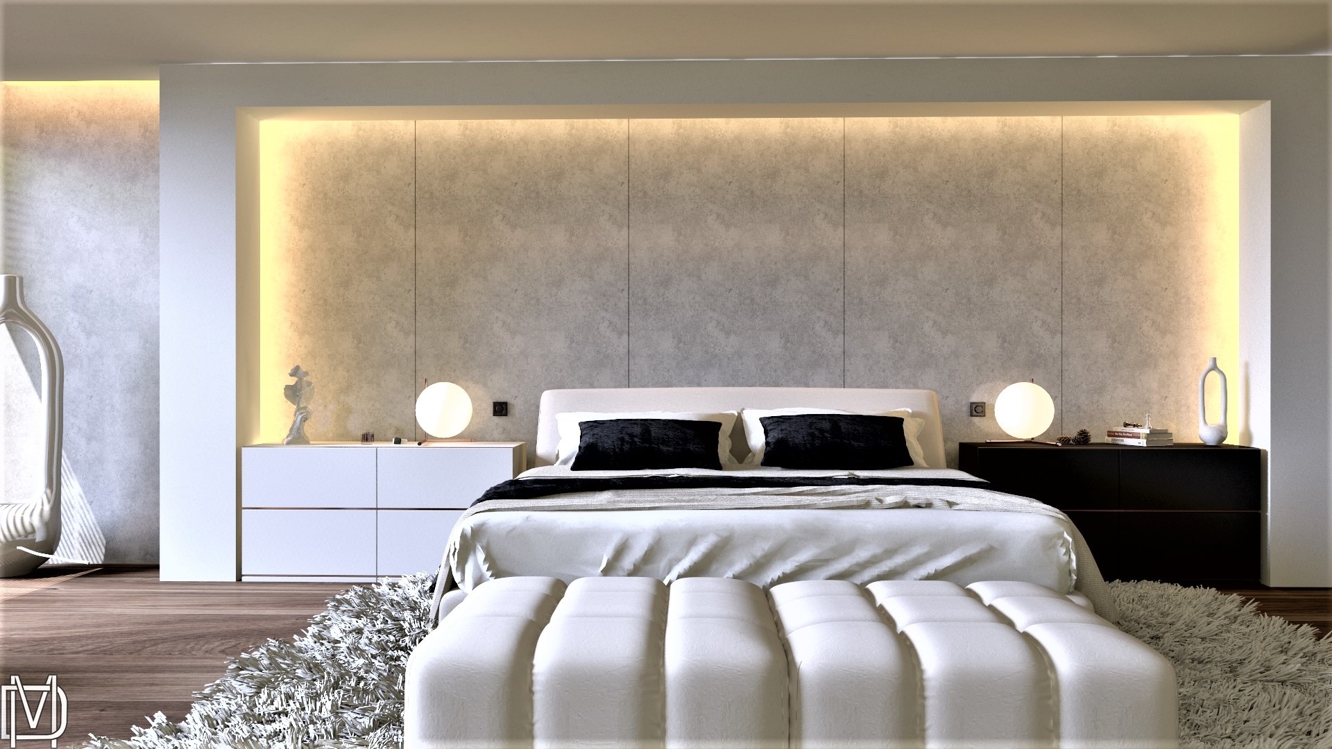 Nowoczesna sypialnia z betonową ścianą, podświetleniem LED, białym łóżkiem z czarnymi poduszkami, białym pufem i dywanem shaggy oraz szafkami nocnymi z dekoracjami.