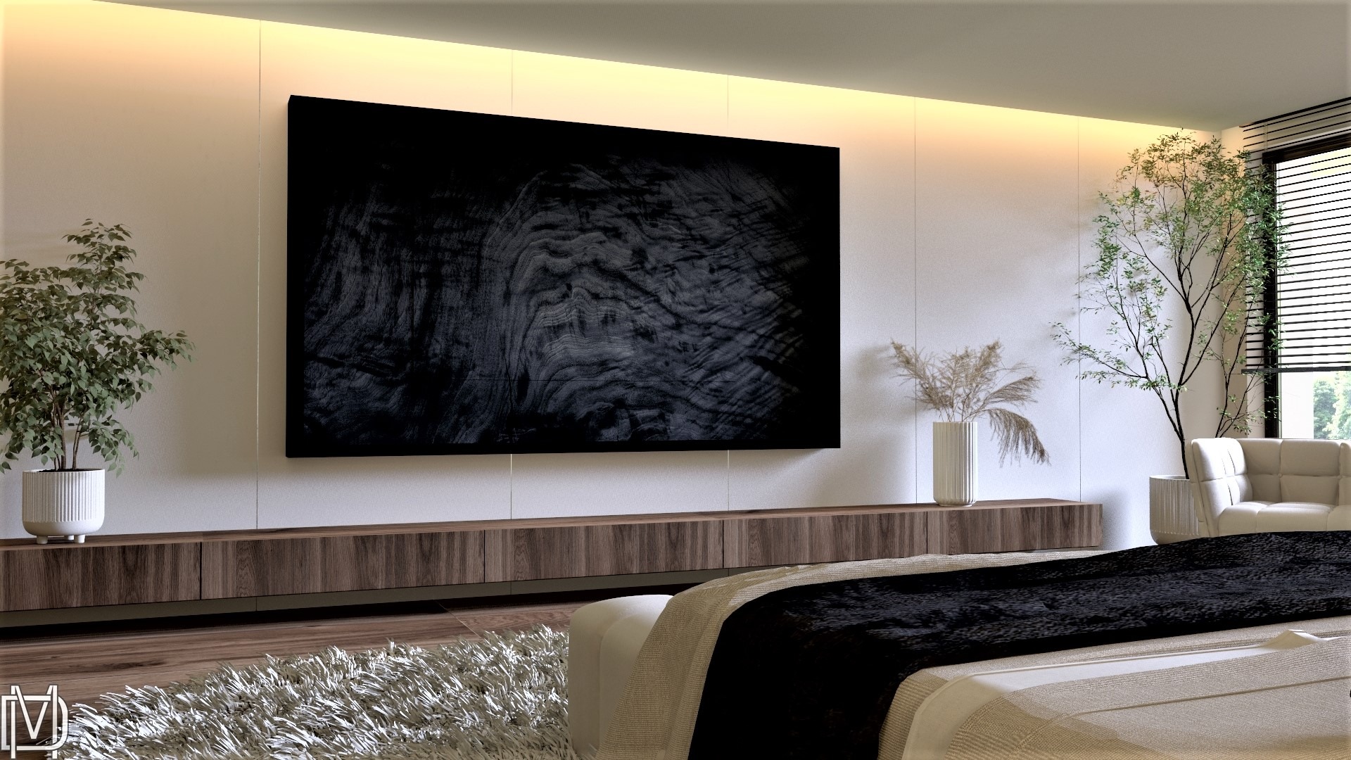 Nowoczesna sypialnia z dużym telewizorem o fakturze drewna, drewnianą szafką RTV, dywanem shaggy i roślinami w minimalistycznych donicach.