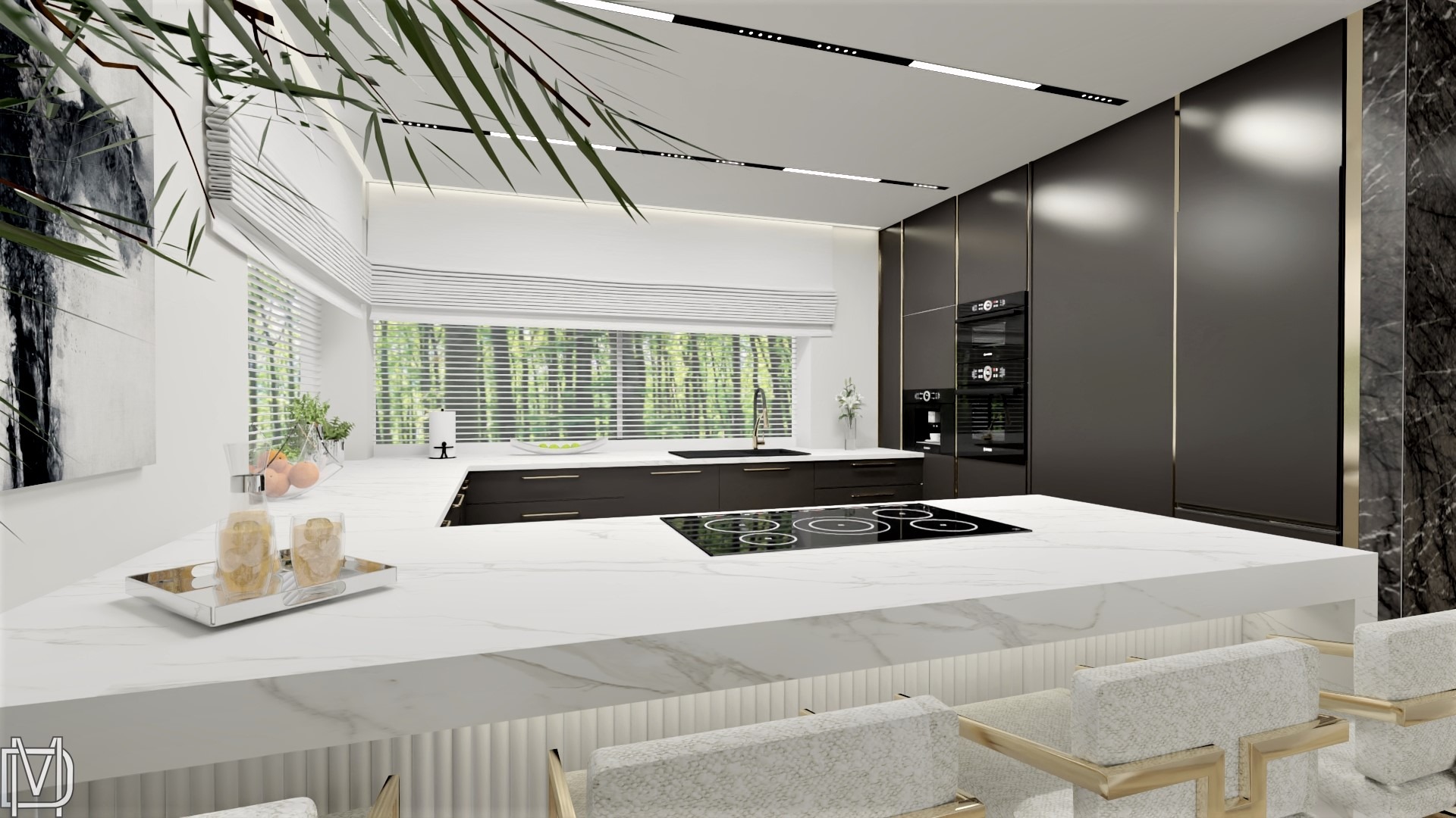 Nowoczesna kuchnia z marmurowym blatem wyspowym, czarnymi szafkami i złotymi akcentami, widok na okno z żaluzjami i dekoracyjną roślinność.