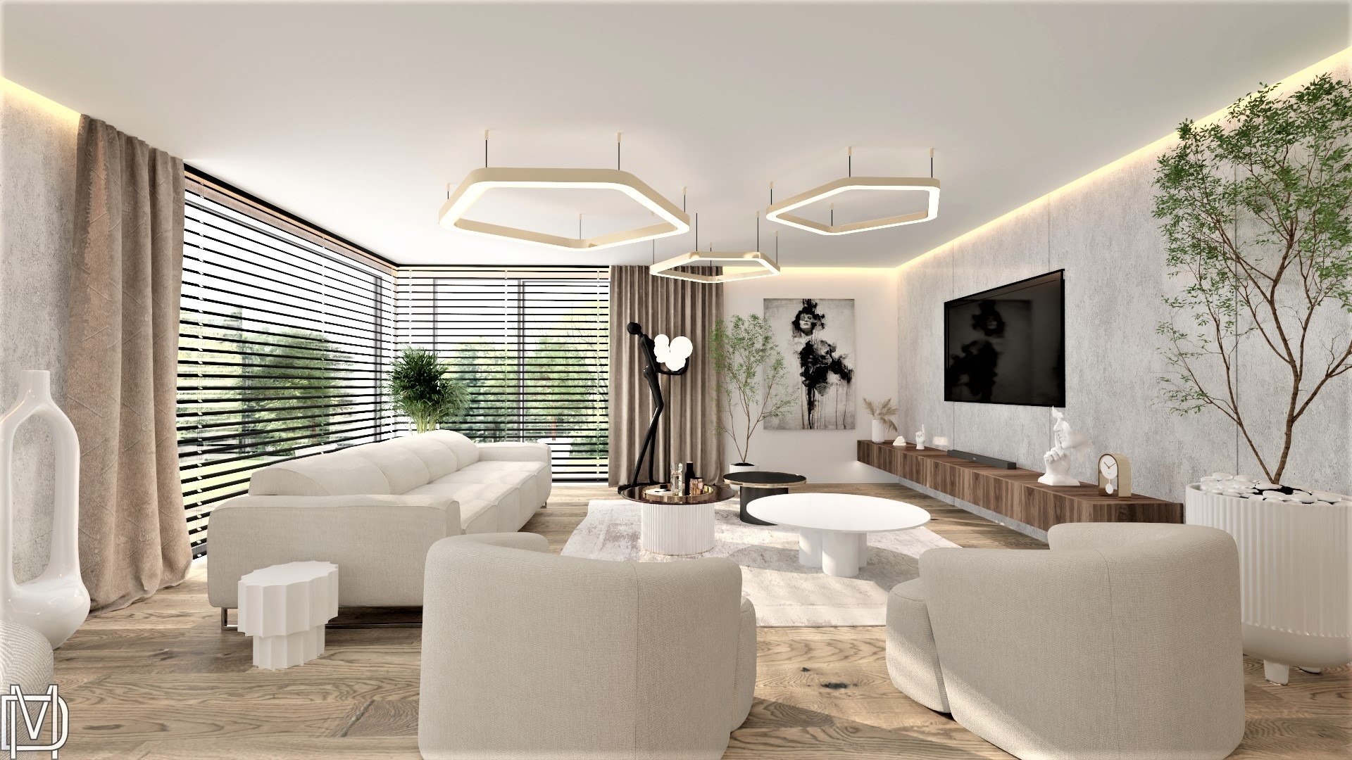 Jasne, przestronne wnętrze salonu z sofą, fotelami, stolikami kawowymi i dekoracjami, oświetlone nowoczesnymi lampami wiszącymi w kształcie heksagonów, z widokiem na zieleń za oknem.