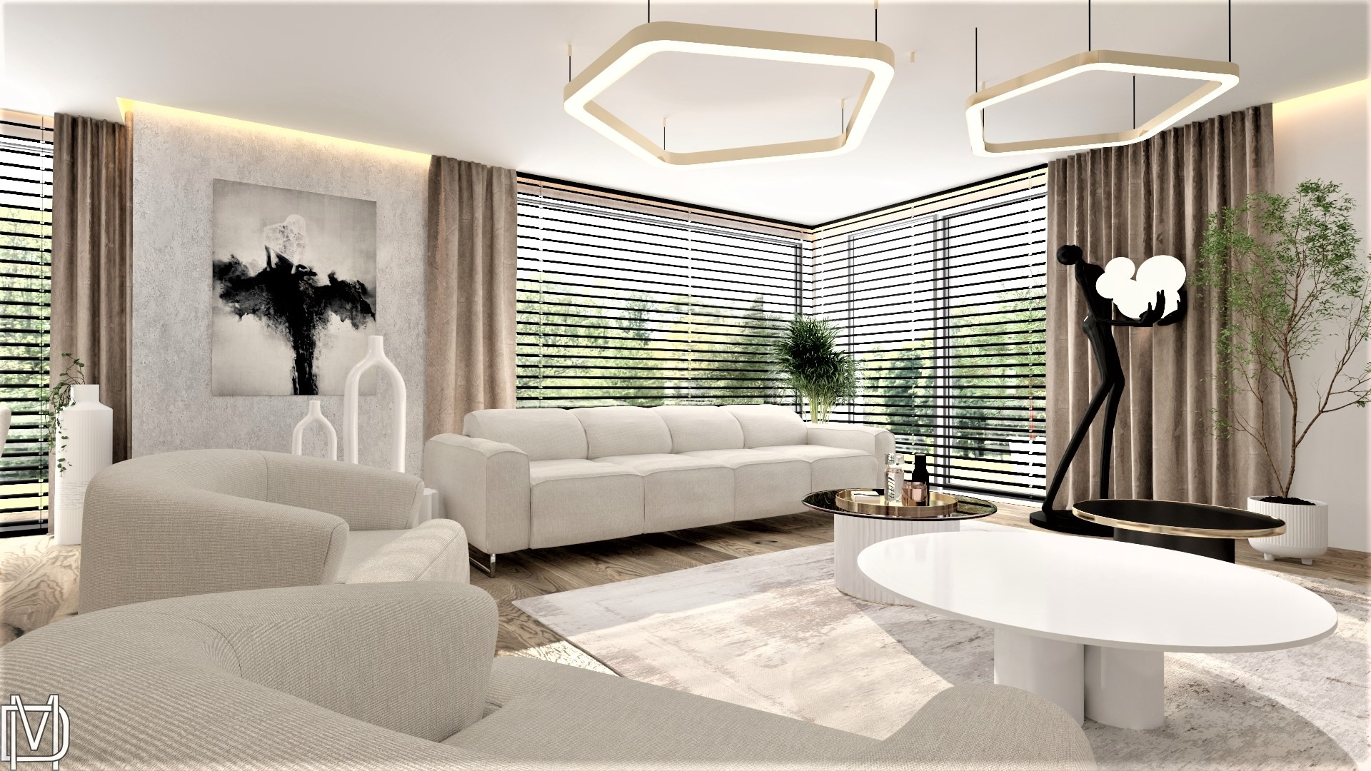 Jasne, przestronne wnętrze salonu z beżowymi meblami, abstrakcyjnym obrazem na ścianie, nowoczesnymi lampami i dużym oknem z żaluzjami.