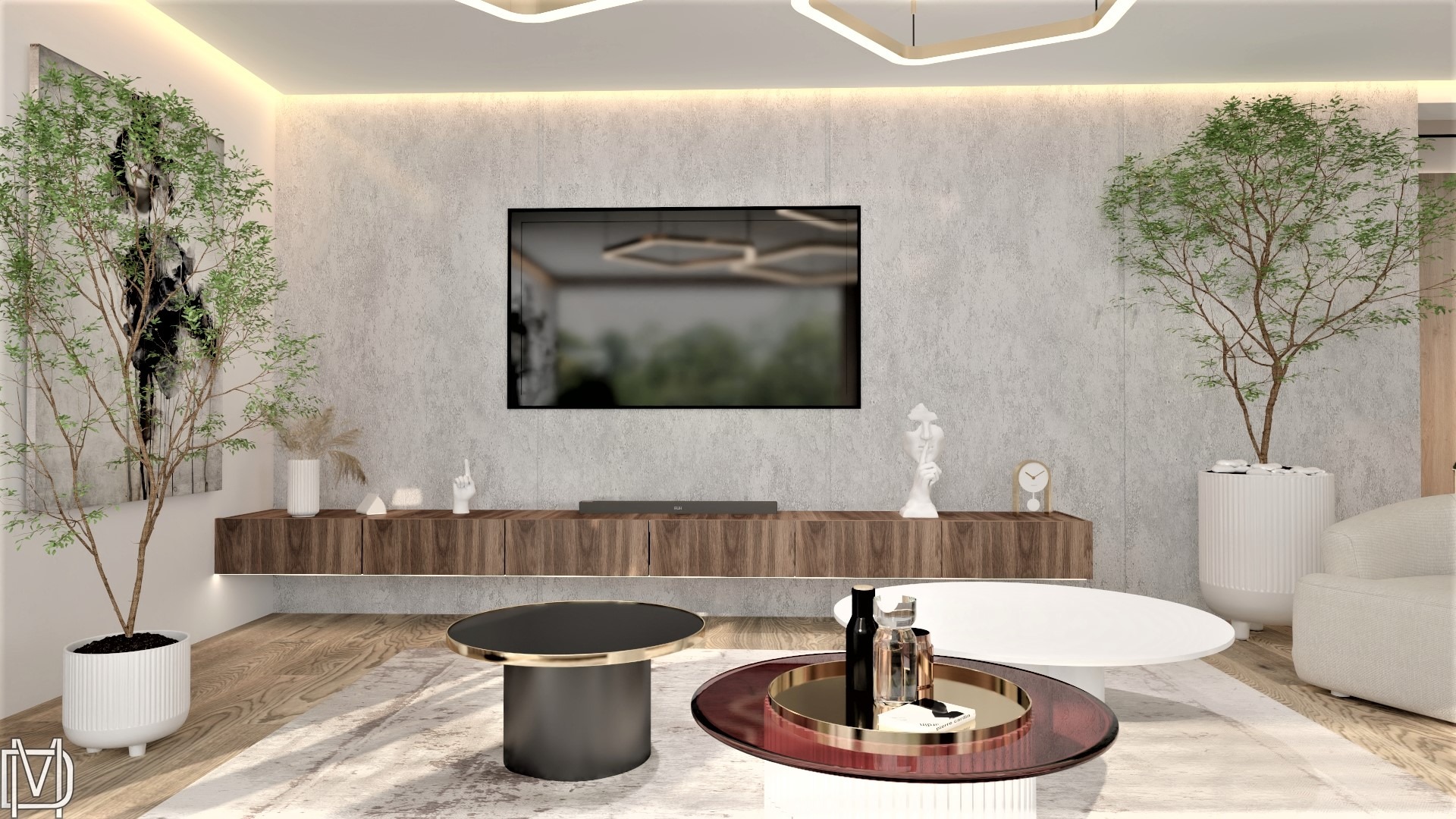 Nowoczesny salon z betonową ścianą, podwieszaną szafką RTV, dwoma stolikami kawowymi, telewizorem oraz roślinami w białych donicach po bokach. Dekoracje obejmują białe figurki oraz zegar.