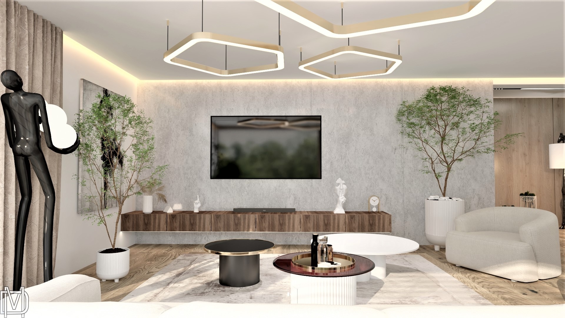 Wizualizacja salonu z betonową ścianą, wiszącą szafką RTV, dekoracyjnymi drzewkami w białych donicach, nowoczesnym oświetleniem sufitowym, abstrakcyjną rzeźbą i dywanem w geometryczne wzory.