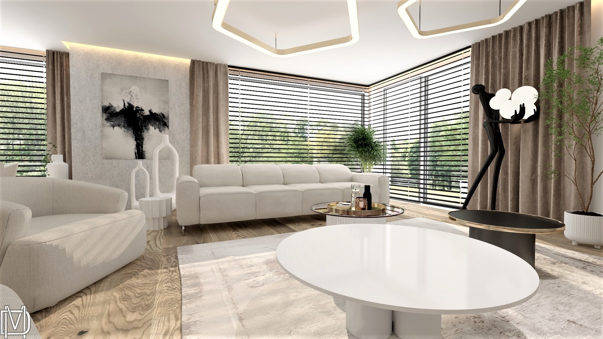 Jasny salon z sofą z tkaniny boucle, abstrakcyjnym obrazem na ścianie, designerską lampą podłogową w kształcie figury i dużymi oknami z żaluzjami.