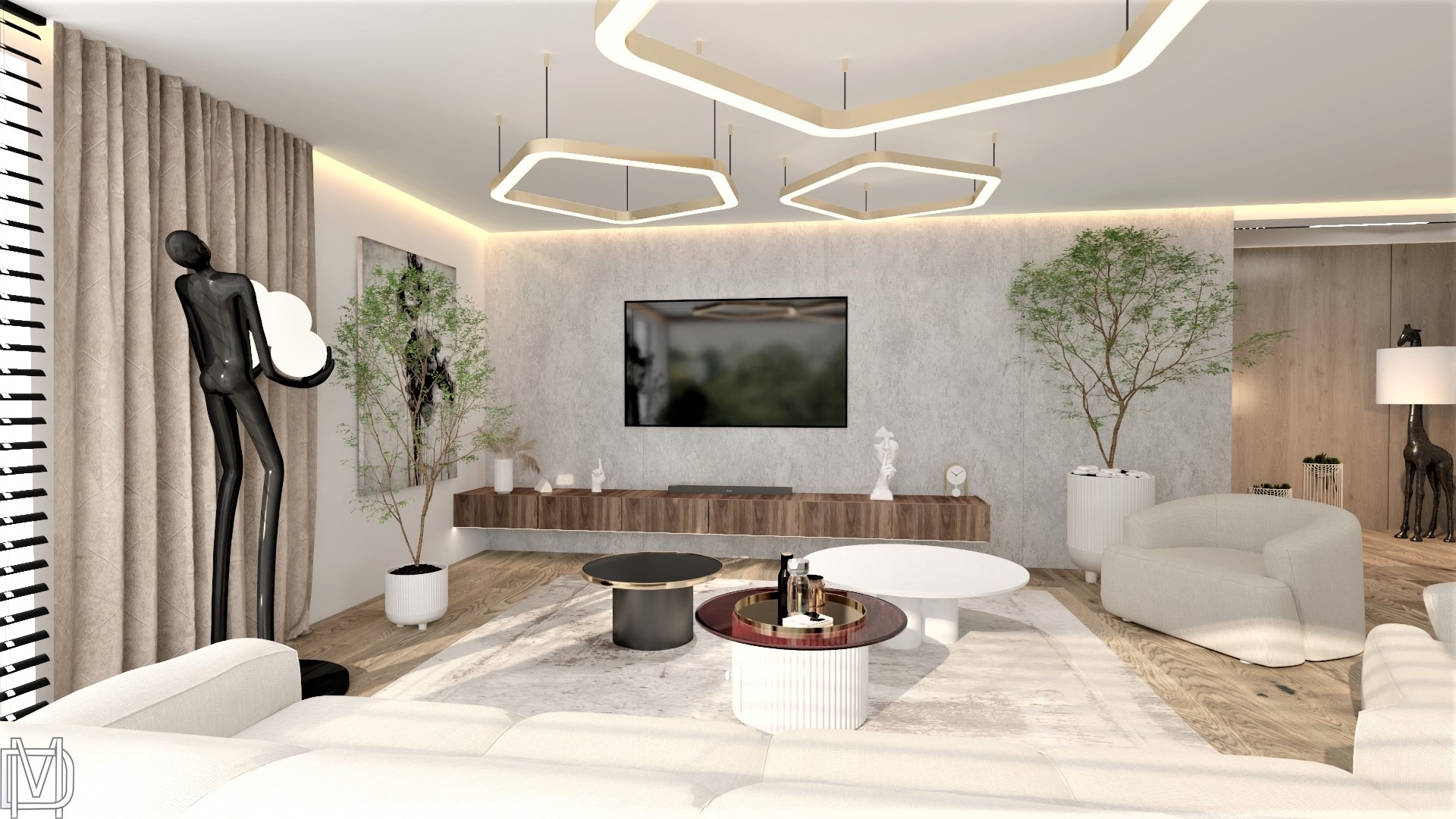 Nowoczesny salon z szarą ścianą, drewnianą podłogą, białymi meblami, abstrakcyjną lampą podłogową w kształcie figury i geometrycznymi lampami sufitowymi.