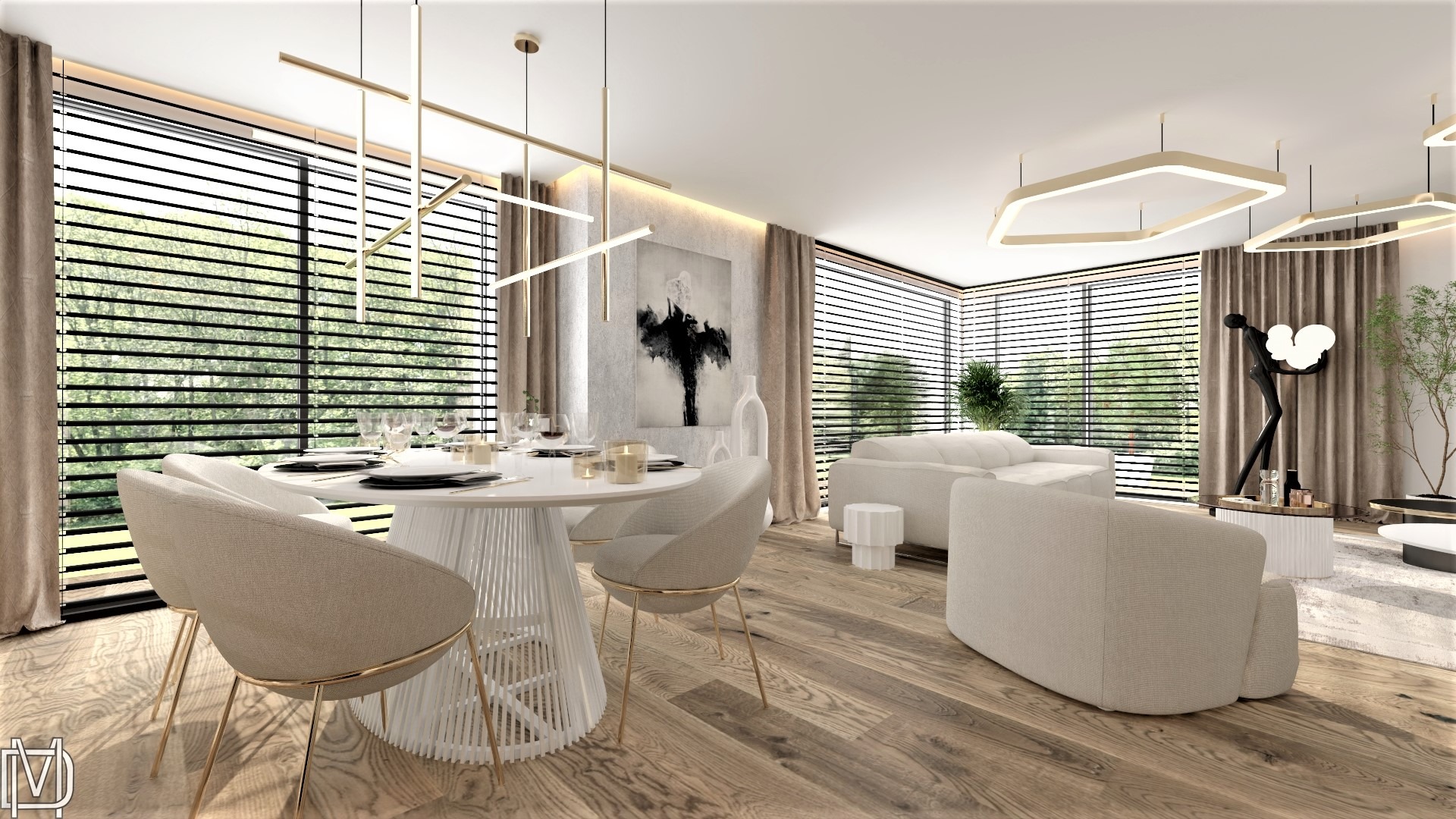 Jasne, przestronne wnętrze z drewnianą podłogą, okrągłym stołem jadalnym z krzesłami na złotych nóżkach, białymi sofami i rzeźbą z podświetleniem w tle, widok z niskiego kąta.