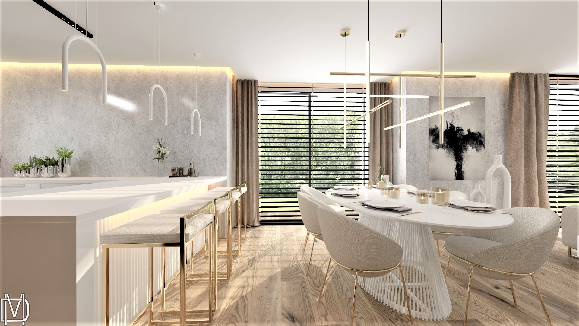 Jasne wnętrze jadalni z wyspą kuchenną, białym owalnym stołem, beżowymi krzesłami z metalowymi nogami, nowoczesnym oświetleniem i abstrakcyjnym obrazem na ścianie.