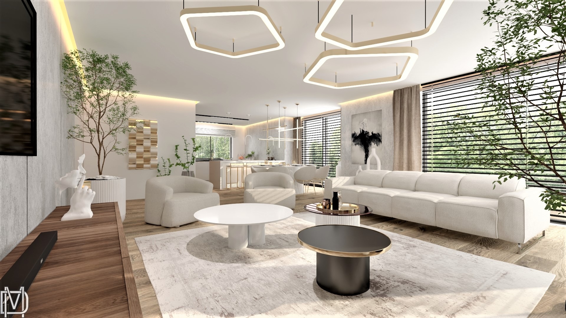 Wizualizacja przestronnego salonu z otwartą kuchnią, utrzymana w jasnej kolorystyce, z nowoczesnymi lampami sufitowymi i dużym oknem z żaluzjami.