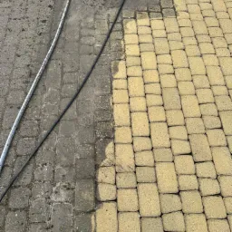 Żółta kostka brukowa, czyszczona pod ciśnieniem, z widoczną różnicą między czystą a brudną powierzchnią, z dwoma wężami leżącymi na powierzchni.