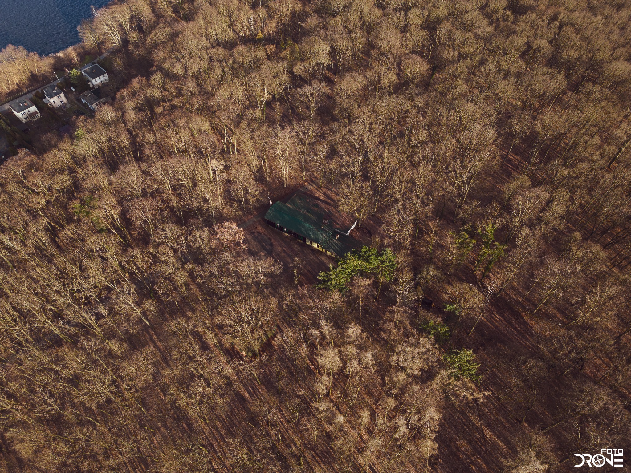 Widok z drona na budynek z zielonym dachem otoczony lasem bez liści, w pobliżu jeziora.