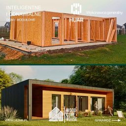 HUAR spółka z ograniczoną odpowiedzialnością - Porównanie dwóch etapów budowy: surowa konstrukcja szkieletowa domu z drewnianych płyt OSB na fundamencie oraz wizualizacja gotowego, nowoczesnego domu z dużymi przeszkleniami, otoczonego zielenią.