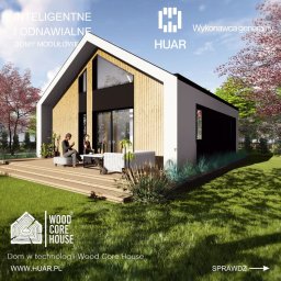 HUAR spółka z ograniczoną odpowiedzialnością - Wizualizacja domu w technologii Wood Core House z drewnianą elewacją, dużymi oknami i tarasem, na którym siedzą dwie osoby. W tle drzewa i trawnik.