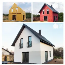 Trzy etapy budowy domu: konstrukcja szkieletowa z płyty OSB, budynek z czerwonym pokryciem, gotowy dom z białą elewacją i czarnym dachem.