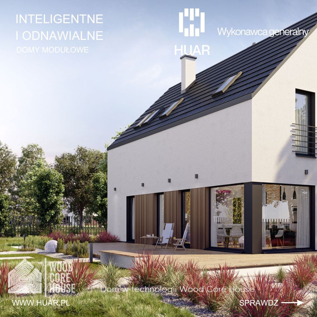 Wizualizacja nowoczesnego domu z białymi ścianami, czarnym dachem i dużymi oknami, otoczonego zielenią i czerwonymi trawami ozdobnymi, z widocznym logo firmy HUAR i napisem 'Wykonawca generalny'.