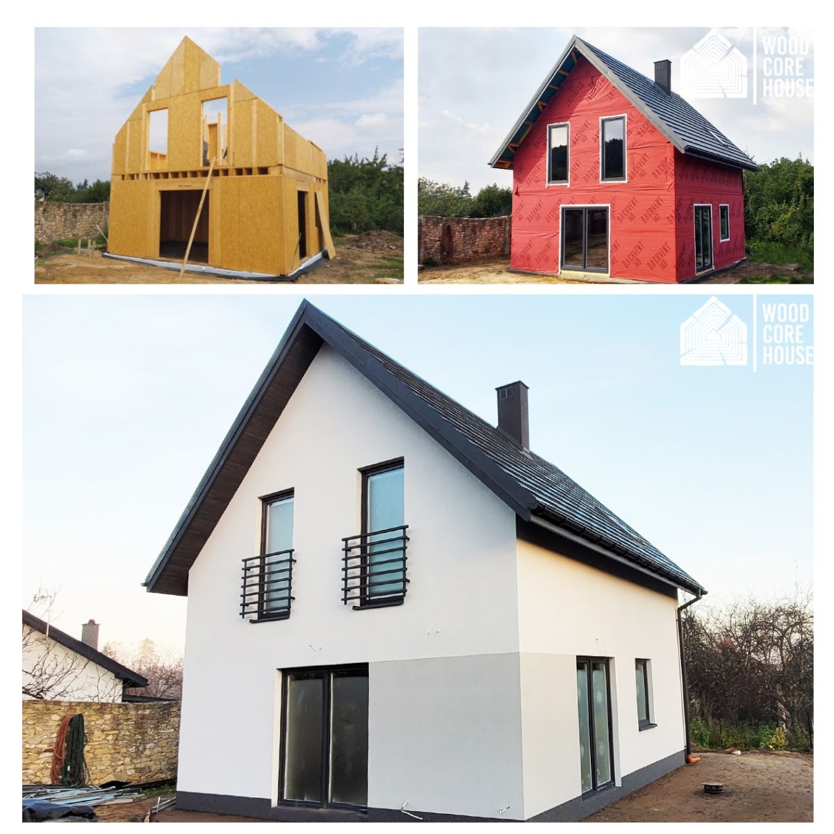 Trzy etapy budowy domu: konstrukcja szkieletowa z płyty OSB, budynek z czerwonym pokryciem, gotowy dom z białą elewacją i czarnym dachem.