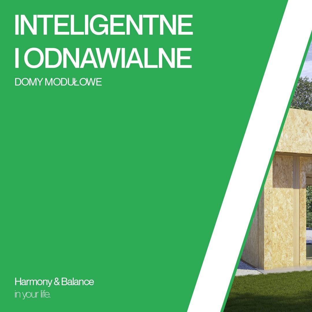 Wizualizacja domu w trakcie budowy z płyty OSB na tle zielonego tła z tekstem 'Inteligentne i odnawialne'.
