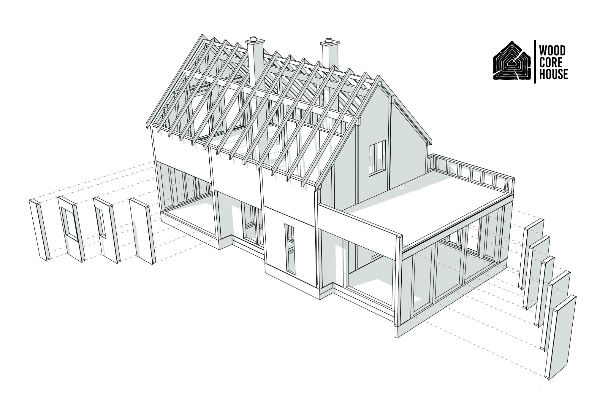Wizualizacja 3D domu w trakcie budowy, ukazująca konstrukcję szkieletową dachu i ścian, z elementami elewacji przygotowanymi do montażu, logo firmy Wood Core House w prawym górnym rogu.