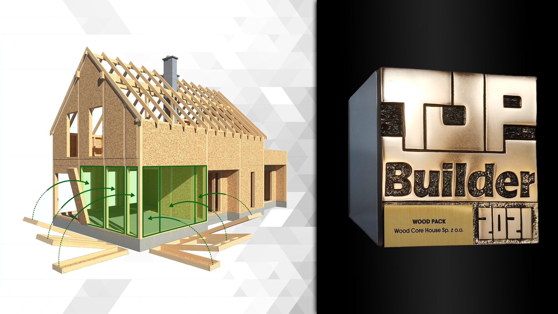 Wizualizacja domu w konstrukcji drewnianej z zaznaczonymi elementami montażowymi, obok statuetka 'Top Builder 2021' firmy Wood Pack.